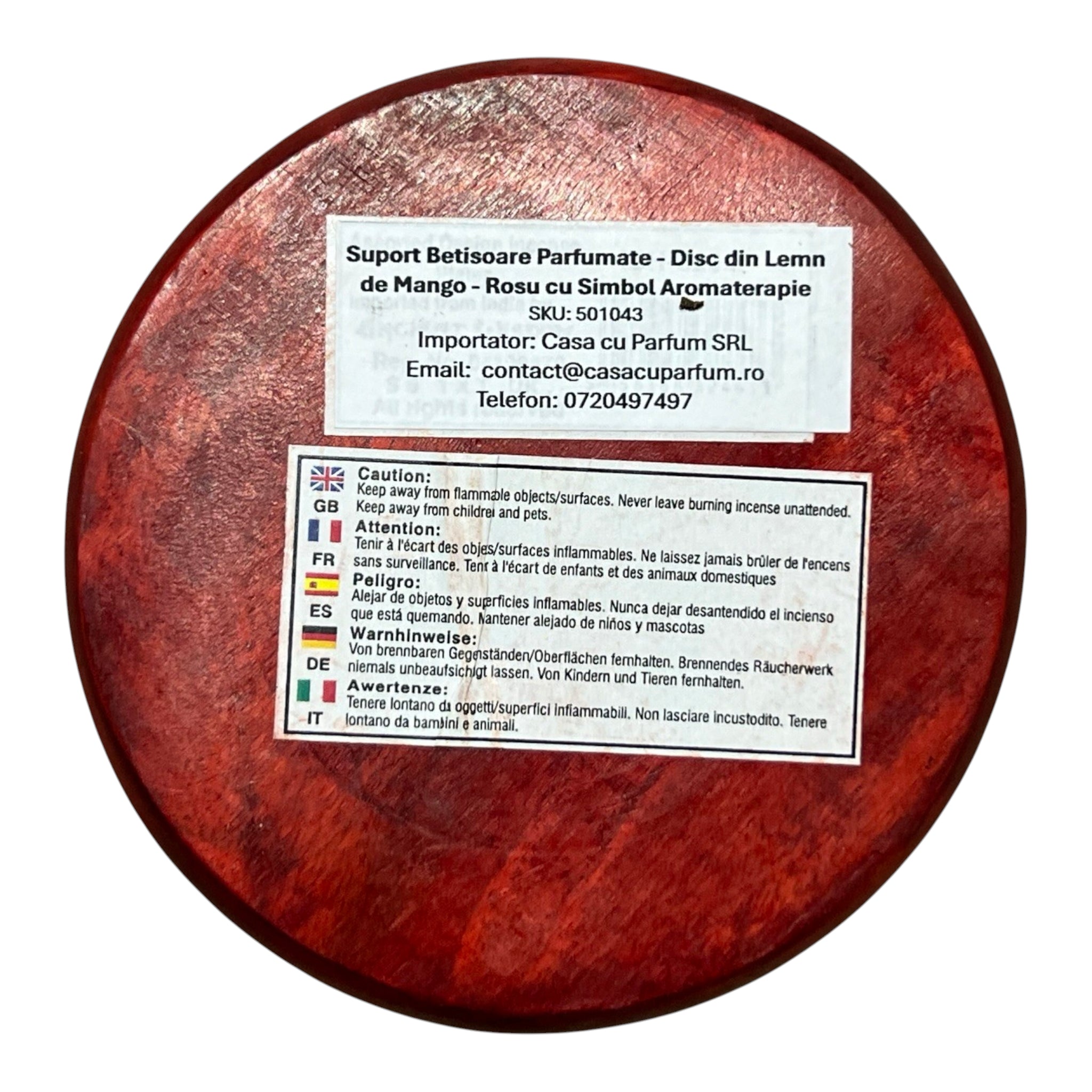 Suport Betisoare Parfumate - Disc din Lemn de Mango - Rosu cu Simbol Aromaterapie | Produs Casa cu Parfum