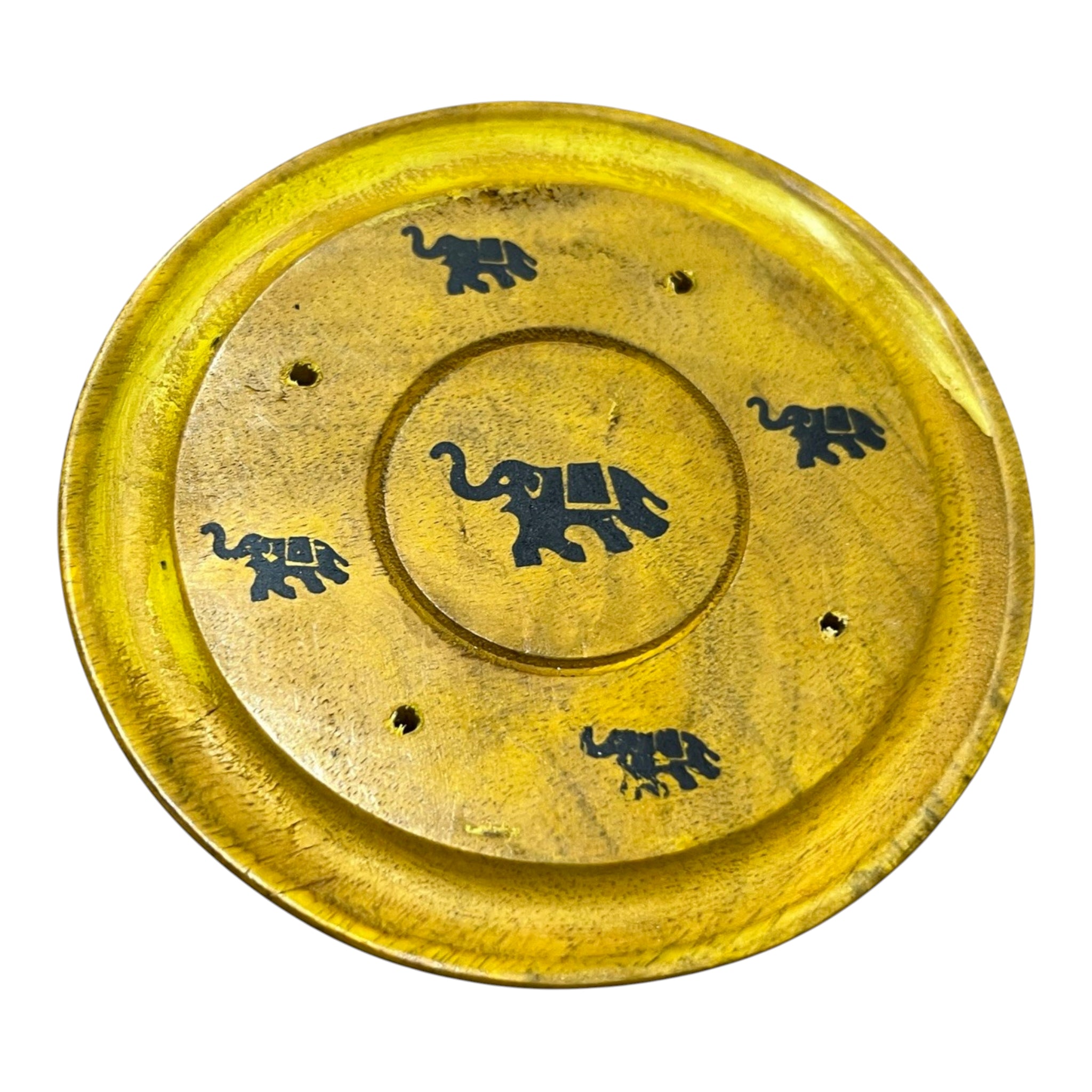 Suport Betisoare Parfumate - Disc din Lemn de Mango - Galben cu Simbol Elefant