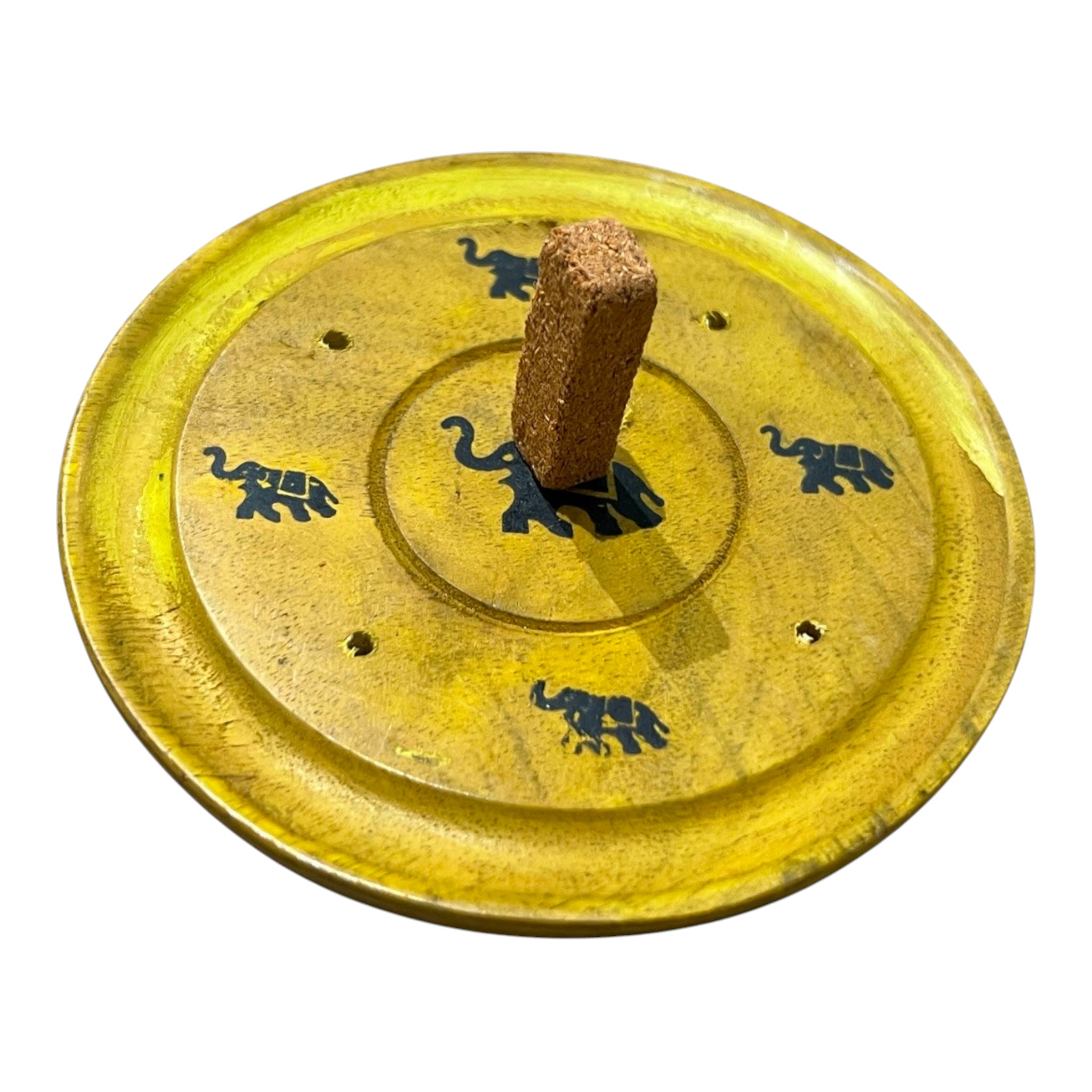 Suport Betisoare Parfumate - Disc din Lemn de Mango - Galben cu Simbol Elefant