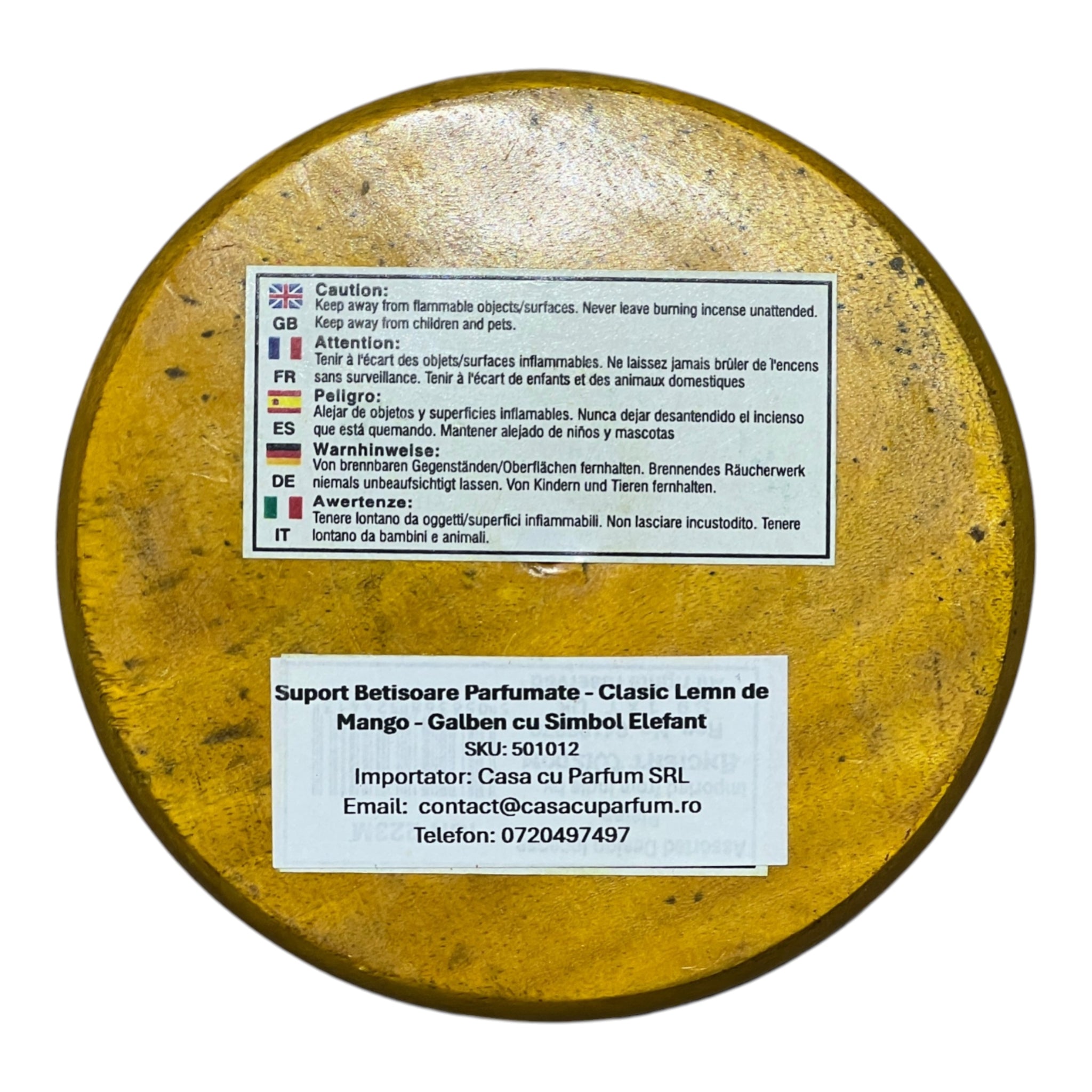Suport Betisoare Parfumate - Disc din Lemn de Mango - Galben cu Simbol Elefant