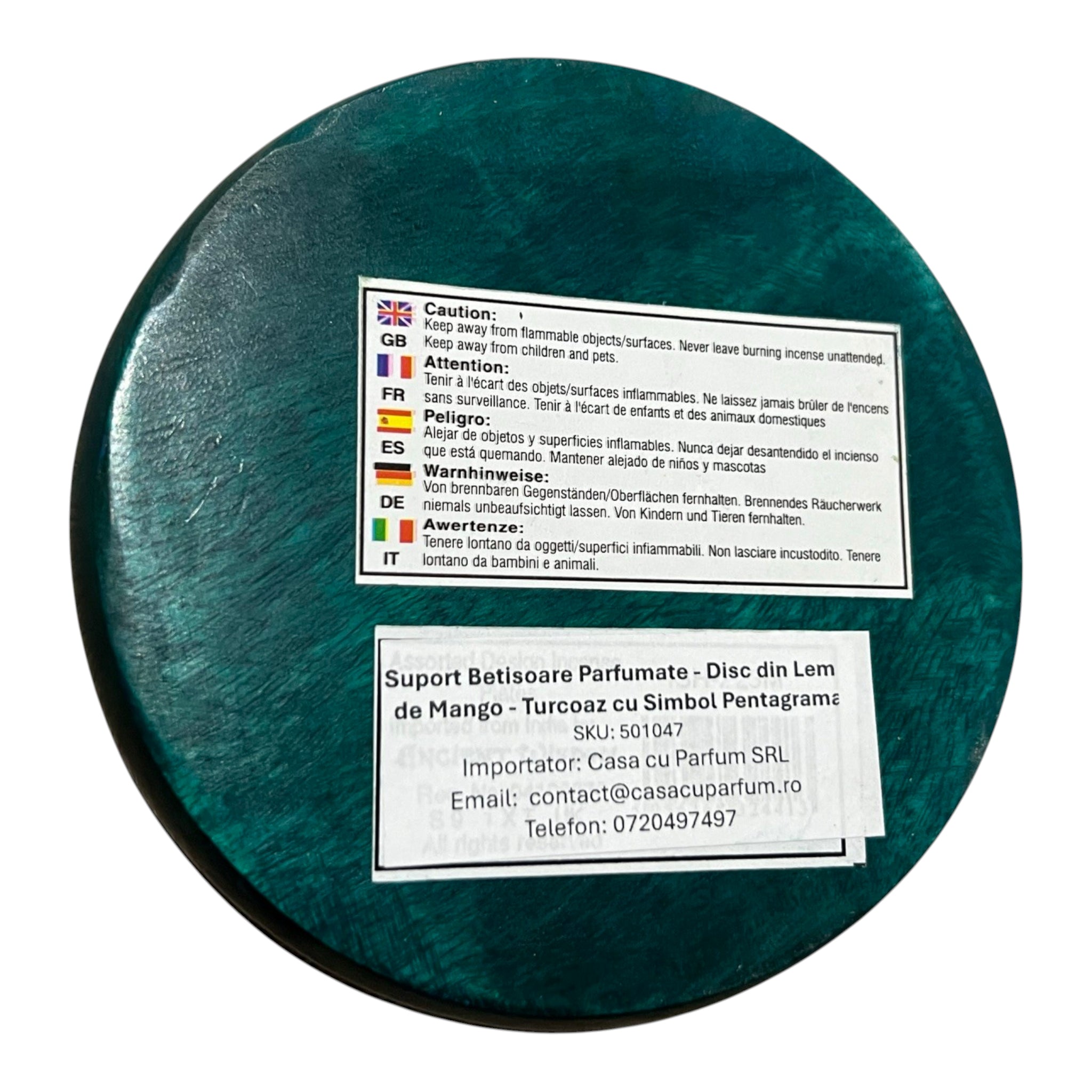 Suport Betisoare Parfumate - Disc din Lemn de Mango - Turcoaz cu Simbol Pentagrama | Produs Casa cu Parfum