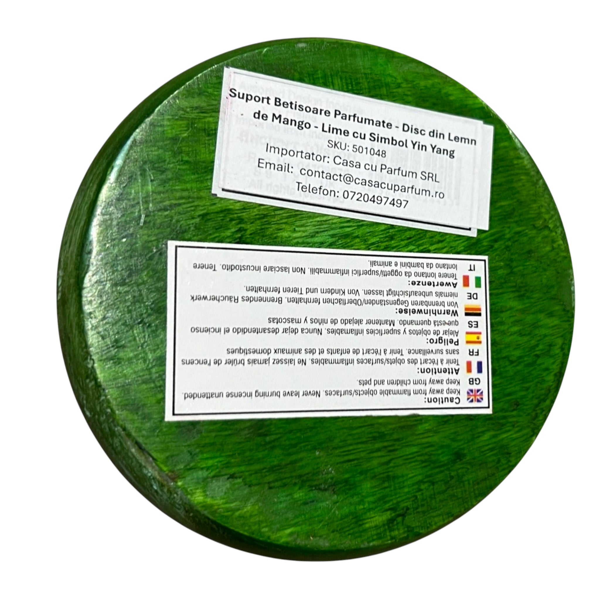 Suport Betisoare Parfumate - Disc din Lemn de Mango - Lime cu Simbol Yin Yang | Produs Casa cu Parfum